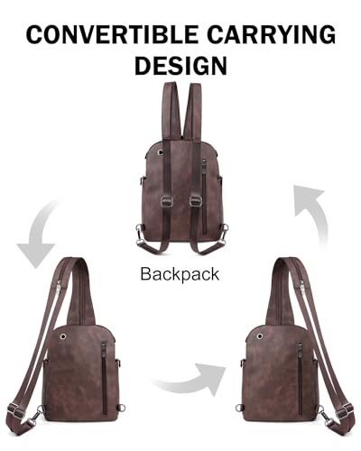 FADEON Large Sling Bag for Women, Designer Leather Crossbody Purse Convertible Sling Backpack, Anti Theft Daypack for Travel - color: Coffee Brown Retro Style