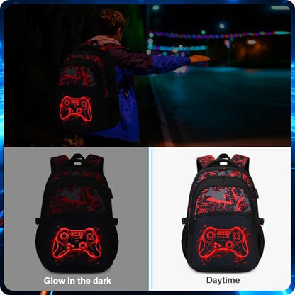DIGOBAY Boys Backpack for School, Luminous Gamer Backpack with Lunch Box - color: Red