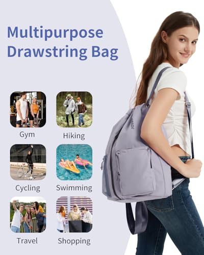 WANDF Drawstring Backpack Sports Gym Bag with Shoes Compartment, Water-Resistant String Beach Sackpack Swim Bag for Women and Men (Grey) - color: Grey