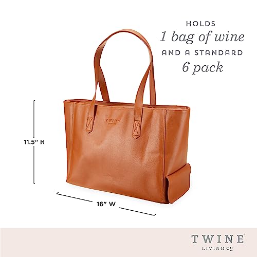 Twine Insulated Wine Cooler Bag, Faux Leather Tote with Insulated Liner, Shoulder Straps, Adjustable Divider, Silver Zipper, Tan, Set of 1 - style: Insulated Wine Tote Bag