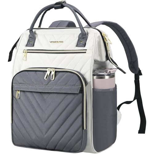 VANKEAN 17 Inch Laptop Backpack for Women Fashion Computer Work Bag, Large Capacity Waterproof Backpack, College Daypack Business Travel(Beige-GREY, 17.3 Inch) - color: Beige-grey, size: 17.3 Inch