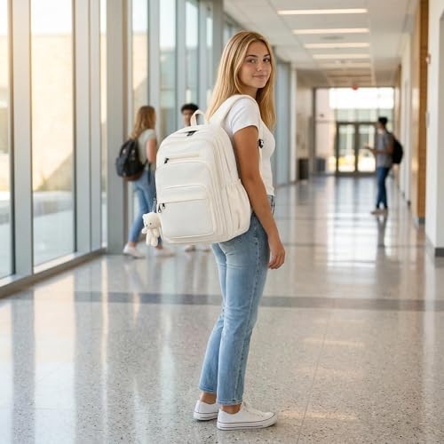 JARKJARD Cute School Backpack for Kids Teen Girls Aesthetic Lightweight Large Capacity Bookbag College Students School Bag Casual Travel Solid Color Daypack（White - color: White