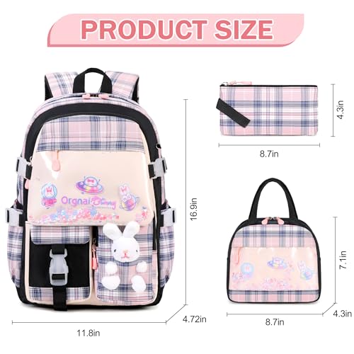 FIXITOK Girls Backpack Set, 3PCS Kids Backpacks for Girl, Kawaii Bunny School Backpack for Girls Kindergarten Elementary Preschool Middle School Bags with Lunch Box Pencil Case Blackpink-Plaid - color: Blackpink-plaid