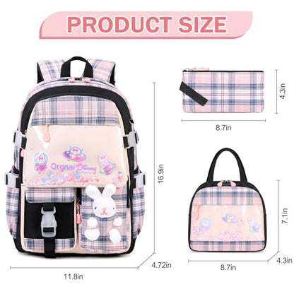 FIXITOK Girls Backpack Set, 3PCS Kids Backpacks for Girl, Kawaii Bunny School Backpack for Girls Kindergarten Elementary Preschool Middle School Bags with Lunch Box Pencil Case Blackpink-Plaid - color: Blackpink-plaid