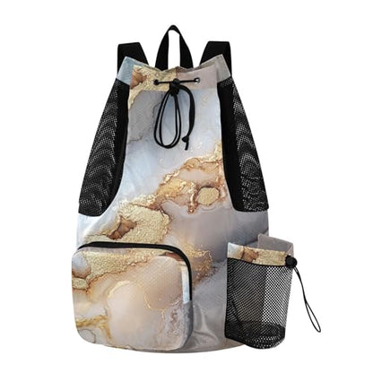 Drawstring Beach Backpack Sports Gym Bag With Inside Pockets String Swim Bag Dry Wet Separation Marble Beige Grey - color: Color 14