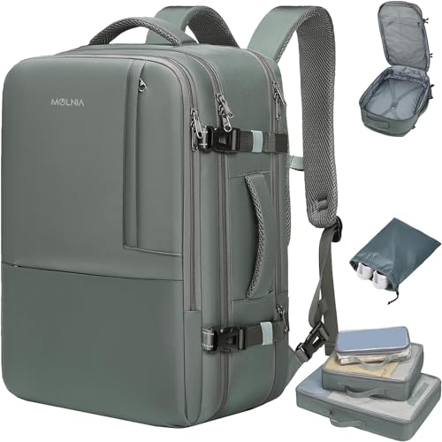 MOLNIA Large Travel Backpack for Men Women,Waterproof Carry On Backpack,Laptop Backpack for College Travel Daily Work - color: Olive Green With Packing Cubes, size: X-Large