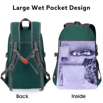 G4Free 40L Lightweight Packable Hiking Backpack, Waterproof Travel Daypack - color: Dark Green
