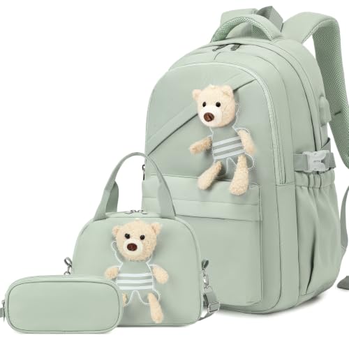 ACESAK School Backpack for Girls - 3 PCS Cute Girls Backpack with Lunch Box & Pencil Case - Kawaii Casual Kids Bookbag School Bag Daypacks Set for Elementary Middle High School Student Teens (Green) - color: Green