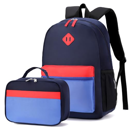Backpack Set for Girls Boy Kids Backpack with Lunch Box for Elementary Primary Kindergarten School Bag (Navy Blue Set, Large) - color: Navy Blue