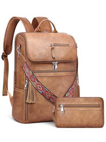 SYTRAH Leather Laptop Backpack for Women Designer Laptop Bag, 16.5 inch Travel Computer Backpacks Purse with Tassel for Work Business with Satchel Purse Brown - color: Brown