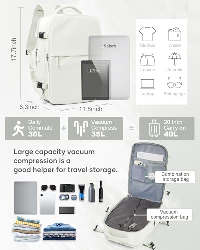 suwasp Vacuum Compression Backpack, 45L Expandable Travel Backpack with Electric Vacpack Pump, Travel Vacuum Bags with Shoe Compartment/17inch Laptop Compartment/USB Port, White - color: White, size: Medium