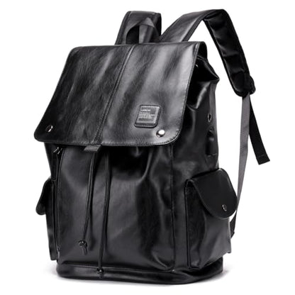 Soft leather backpack, casual PU backpack men women. USB charging port. Suitable for work, commuting, traveling, etc. Waterproof. (Black) - color: Black
