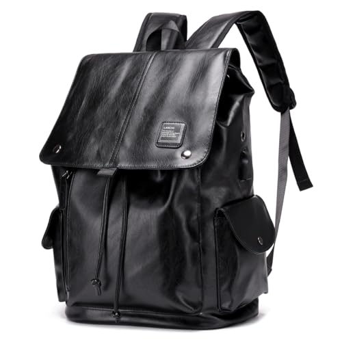 Soft leather backpack, casual PU backpack men women. USB charging port. Suitable for work, commuting, traveling, etc. Waterproof. (Black) - color: Black