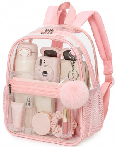 BTOOP Clear Mini Backpack for Stadium Events 12x12x6 Small Transparent Backpacks Plastic See Through Clear Bag for Concerts Work Festival Security Travel Pink - color: A-pink With Pom-pom Keychain, size: 12'' H-Mini