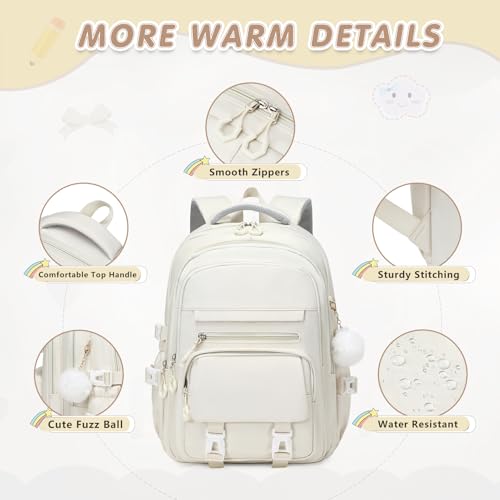 GeeWin Girls Backpack, 15.6" Laptop Backpack Schoolbag for Girls Teens Kid Children Elementary Middle School Student, Waterproof Stylish Girl Bookbag with Insulated Lunch Bag & Pencil Bag (Beige) - color: Beige Buckle