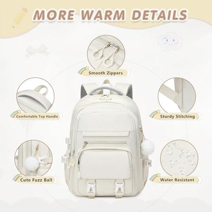 GeeWin Girls Backpack, 15.6" Laptop Backpack Schoolbag for Girls Teens Kid Children Elementary Middle School Student, Waterproof Stylish Girl Bookbag with Insulated Lunch Bag & Pencil Bag (Beige) - color: Beige Buckle