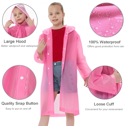 Rain Ponchos Raincoats for Kids, Reusable Boys Girls Rain Jackets Emergency with Hood for Family Disney Travel Outdoor - color: B-rose Red