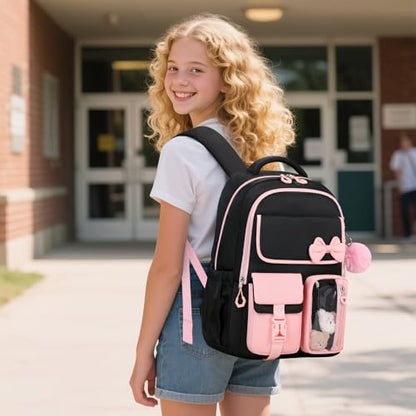 Girls Backpack, School Backpack for Girls, Cute Bow Kids Bookbag for Grils Children Teens for Elementary Middle High School Student, Back To School, Black Pink - color: Black Pink