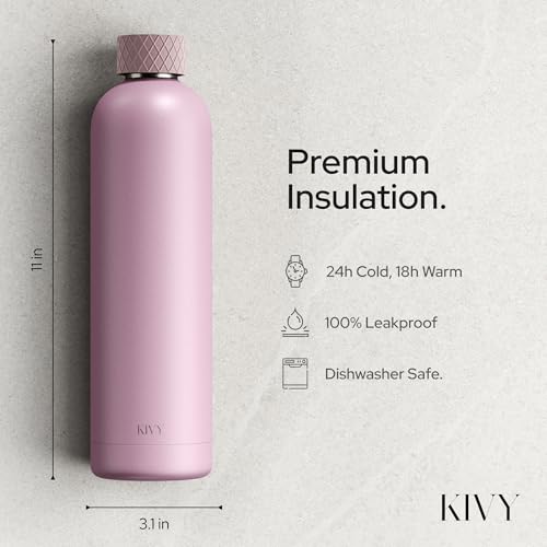KIVY Stainless Steel Insulated Water Bottle 32oz | Slim Water Bottle for Travel, Car, Gym, Cupholder, Backpack side pocket - Slim water bottle no straw - Screw top