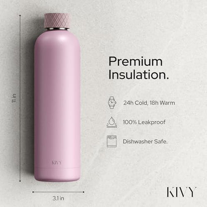 KIVY Stainless Steel Insulated Water Bottle 32oz | Slim Water Bottle for Travel, Car, Gym, Cupholder, Backpack side pocket - Slim water bottle no straw - Screw top