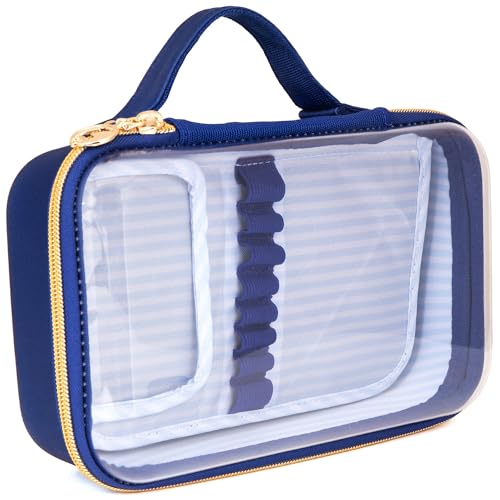 ZIPIT: Travel Makeup Bag - Navy Blue & White Stripes - Protective Hard Shell, Large Cosmetic Case, Transparent Zipper Lid, Handle, Toiletry Organizer - color: Multicolor