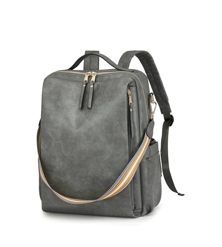 myfriday PU Leather Large Backpack Purse for Women Casual Travel Backpack Convertible Satchel Handbags With Luggage Strap (Grey) - color: Grey
