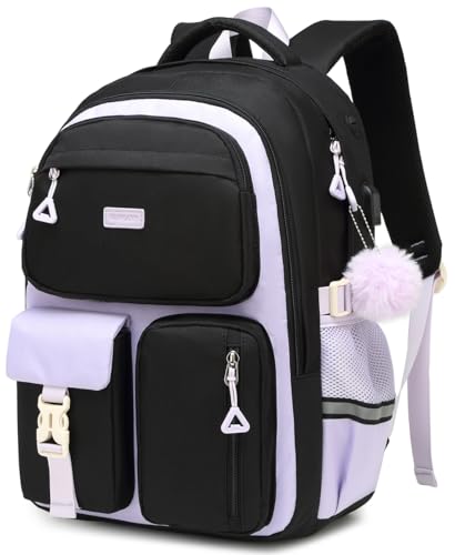Backpack for Girls, School Bag for Middle High School Teen Girls College Bag for Women Bookbag, Mochilas Escolares para Niñas, Back to School Gifts, BlackPurple - color: Blackpurple, size: 15.6in