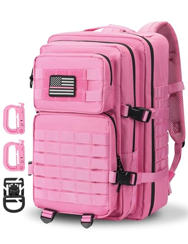 Hannibal Tactical MOLLE Assault Backpack, Tactical Backpack Military Army Camping Rucksack, 3-Day Pack Trip w/USA Flag Patch, D-Rings, Pink - color: Pink