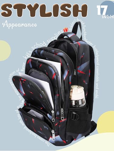 BLUEFAIRY Kids Backpack for Boys Elementary Primary School Bags for Childs Black Bagpack Book Bag Back to School Gifts for Son Mochilas Escolares para Niños 17" Large Compartment Black/Red - color: Black Red