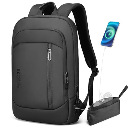 hk Ultra Slim Backpack for 15.6 Inch Laptop,Business Backpack for Men Women | Lightweight Backpacks with USB Charging Port, Anti-Theft Water Resistant Computer Bag for Work Travel Office, Black