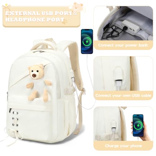 ACESAK School Backpack for Girls - 3 PCS Cute Girls Backpack with Lunch Box & Pencil Case - Kawaii Casual Kids Bookbag School Bag Daypacks Set for Elementary Middle High School Student Teens (Beige) - color: Beige
