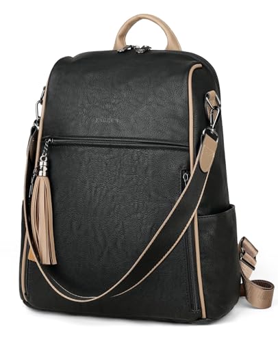 FADEON Womens Backpack Purse Large Designer PU Leather Laptop Backpacks, Ladies Computer Shoulder Bags (2 Retro Black contrast Brown, Medium (14-in Height)) - color: 2 Retro Black Contrast Brown, size: Medium (14-in Height)