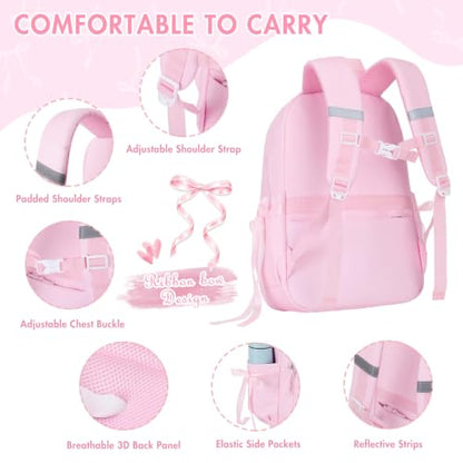 Kids Backpack for Girls - 3PCS Cute Embroidered Bow Girls Backpack with Insulated Lunch Bag & Pencil Case - Bookbag for Teen Women Middle High School College Work Travel Daypack - color: Pink