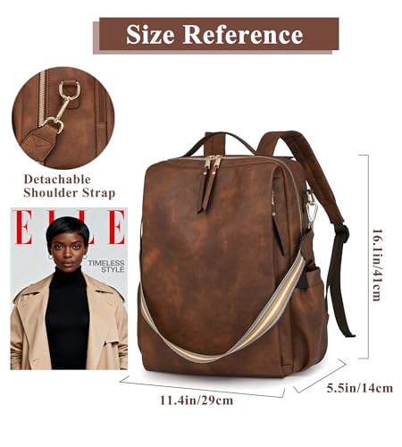 myfriday PU Leather Large Backpack Purse for Women Casual Travel Backpack Convertible Satchel Handbags With Luggage Strap (Dark brown) - color: Dark Brown