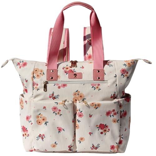 ESVAN Diaper Tote Bag Totepack Backpack 2 in 1 for Women Multifunctional Large Capacity with Insulated Pockets Travel | Multifunctional - color: Corduroy Beige Flower