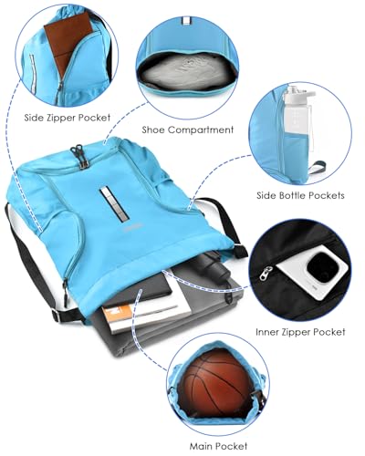 BROTOU Soccer Drawstring Backpack, Basketball Bag, Volleyball Football Bags with Ball and Shoe Compartment - color: Lake Blue