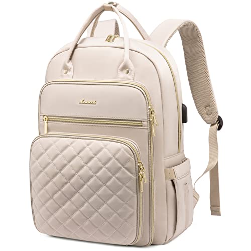 LOVEVOOK Laptop Backpack for Women, Water Resistant Travel Work Backpacks Purse Stylish College Business Teacher Nurse Computer Bag with USB Charging Port, Fits 15.6" Laptop - color: Antiquewhite, size: 15.6-Inch