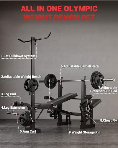 GarveeTech 8-in-1 Weight Bench Set for Home Gym, Foldable Workout Benchs with Preacher Curl Pad, LAT Pulldown and Leg Extension Leg Curl, Bench Press for Full Body Exercise