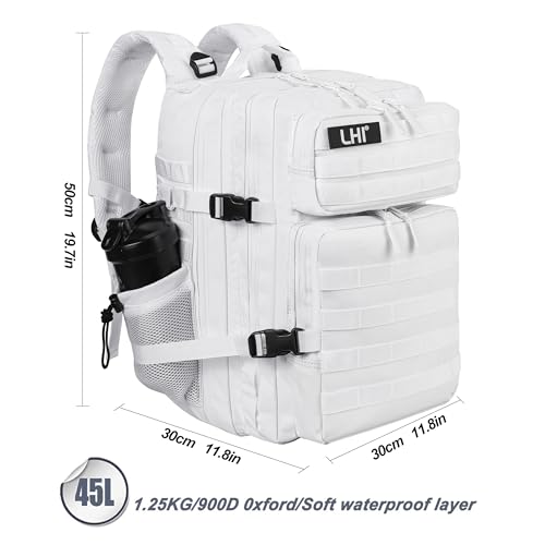LHI Military Tactical Backpack for Men and Women 45L Army 3 Days Assault Pack Bag Large Rucksack with Molle System - White - color: 2.1 White(white Zipper)