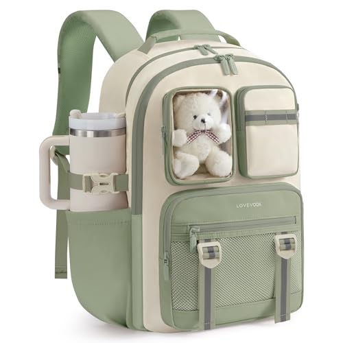 LOVEVOOK Cute School Backpack for Girls Ages 8-14, Bookbag with Plush Bear & Clear Display Pocket, Fits 15.6 Inch Laptop & 40oz Tumbler, Back to School Backpack for Elementary & Middle School - color: Green / Off-white