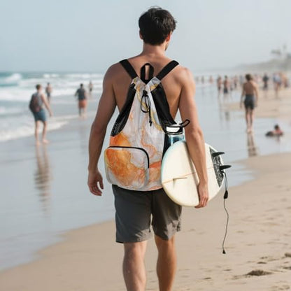 Drawstring Beach Backpack Sports Bag With Water Bottle Pocket Cinch Bags Wet and Dry Separation Marble White Orange - color: Color 25