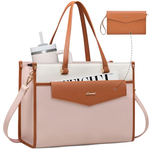 LOVEVOOK Laptop Bag for Women, 15.6'' Laptop Tote Purse 2-in-1 Professional Work Bag Business Briefcase with Clutch Purse, Waterproof Leather Computer Handbag for Teacher Office Travel - color: Beige-coffee-pink, size: 15.6 inch