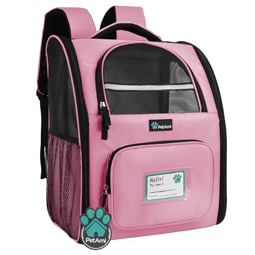 PetAmi Dog Backpack Carrier for Small Medium Dogs Large Cats up to 18 lbs, 2 Side Entry, Structured No-Collapse Frame, Airline Approved Ventilated Pet Backpack for Hiking Camping Travel Vet, Pink - color: Pink