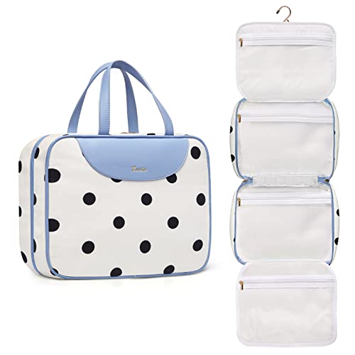 Bosidu Hanging Travel Toiletry Bag,Large Capacity Cosmetic Travel Toiletry Organizer for Women with 4 Compartments & 1 Sturdy Hook,Perfect for Travel/Daily Use/Christmas - color: Polka dot
