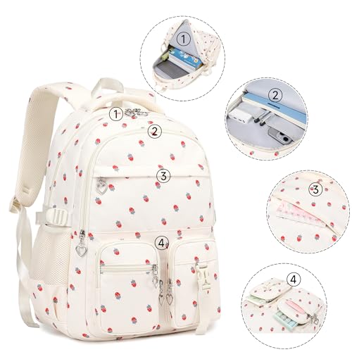 Girls Backpack Lightweight Bookbags for High School Laptop Backpack For College Women Big Student Daypack Casual (Strawberry-Beige) - color: Strawberry-beige
