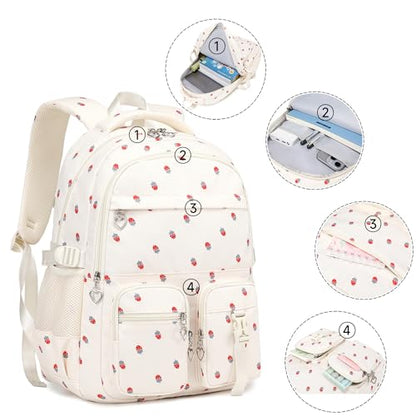 Girls Backpack Lightweight Bookbags for High School Laptop Backpack For College Women Big Student Daypack Casual (Strawberry-Beige) - color: Strawberry-beige