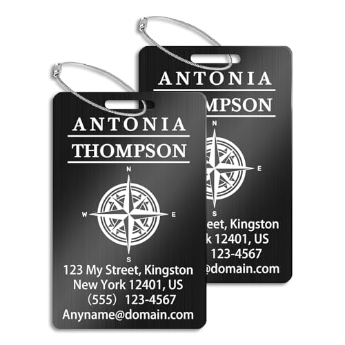 Personalized Metal Luggage Tags (2 Pack), Customizable Icon Text, Laser Engraved Waterproof Durable, for Bags, Backpack Travel, Suitcases (Black) - color: Horizontal Black