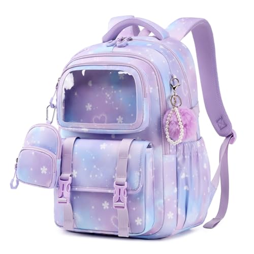 Girls Backpack, Kawaii Kids Backpacks for Girls Multiple Pockets School Bookbag for Primary Elementary School - color: Purple Sakura
