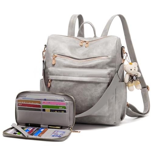 Soperwillton Women Backpack Purse Multipurpose Design Handbags Shoulder Bag PU Leather Travel bag Backpack Set 2pcs - color: Grey