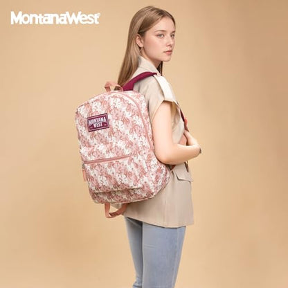 Montana West Backpack for Women Men 2 PCS Lightweight College Bookbags Casual Daypack Backpacks for Commute & Travel - color: Western Pink